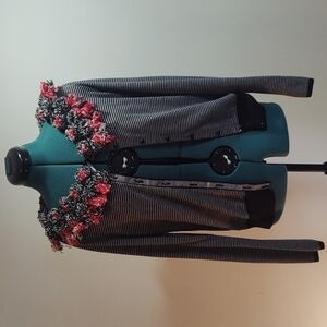 Anthropologie Karen Nicol Black and Gray Striped Cardigan Pompom Collar Sz M